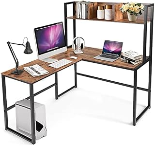 COSTWAY L-Shaped Computer Desk, Industrial Large 2-Person Corner Writing Workstation PC Laptop Table with Storage Bookshelf, Home Office Work Study Gaming Desk (Rustic Brown)