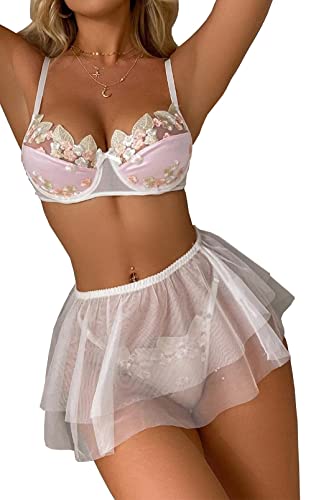 CuteMe Women's 3-Piece Floral Embroidered Sheer Mesh Underwire Lingerie Set with Sheer Tulle Skirt Removable Straps(Q22005- White Floral-M) - Image 4