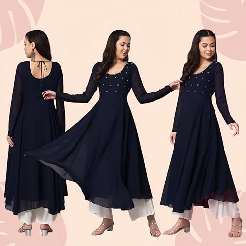 Image of PH POSHAKHUB Georgette Regular Fit Hand Embroidery Anarkali Kurta Set for Women, Yoke Anarkali Kurta for Woman, Ankle Length Anarkali Suit for Women, Full Sleeve Kurti, Dress for Woman