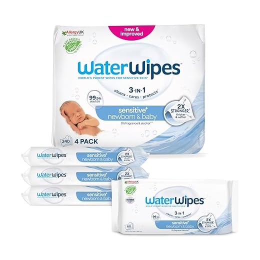 WaterWipes Sensitive+ Newborn & Baby Wipes, Toallitas Para Recién Nacidos y Bebés, 240 unidades (paquete de 4), 3 en 1 Limpia, Cuida, Protege, 99,9% Agua, Sin perfume
