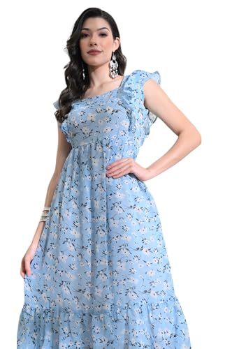 Image of IUGA Georgette Jacquard Butti Square Neck Knee Length Western Dresses for Women