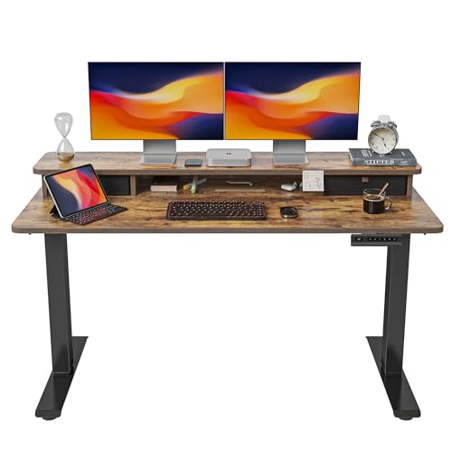 Image of FEZIBO 55 x 24 Inch Height Adjustable Electric Standing Desk with Double Drawer, Stand up Desk, Home Office Computer Desk with 4 Height-Adjustable Feets & 2 Hooks, Rustic Brown