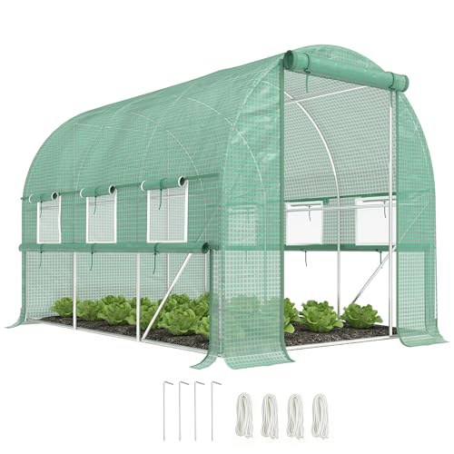 Outsunny Foliengewächshaus, 2,95 x 2 x 2 m Tunnel-Gewächshaus, Treibhaus mit aufrollbarem Fenster, UV-Schutz, Winddichtes Tomatenhaus, für Garten, Balkon, Stahl, Grün