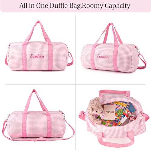 MT WORLD Girls Dance Bag Personalized Duffle Bags for Kids Monogram Seersucker Toddler Overnight Bag Travel Weekender Sleepover Bag with Removable Strap Custom Child Gift (Pink)2