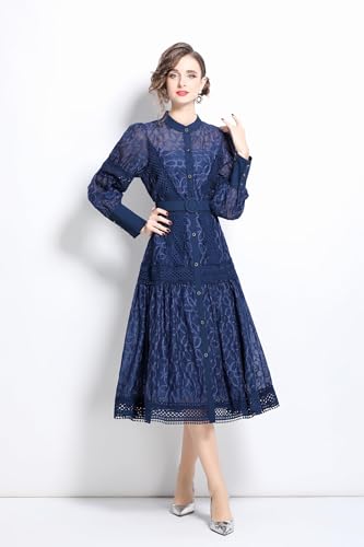 Image of LAI MENG FIVE CATS Women's Round Neck Lantern Sleeves Embroidery Button Layered Lace Hem Midi Dress with Belt