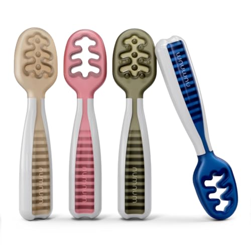 Image of NumNum Baby Spoons Set, Pre-Spoon GOOtensils for Kids Aged 6+ Months - First Stage, Baby Led Weaning (BLW) Spoon - Self Feeding, Silicone Toddler Food Utensils - 4 Spoons, Neutral Colors