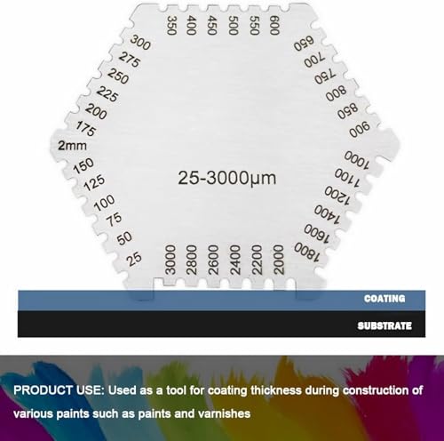 Uadme Nassfilmkamm Edelstahl, 25-3000 µm Hexagon Hochpräzise Nassfilm Dickenmessgerät Gage, Nassfilmdickenmessgerät mit Schwarzem Gehäuse zur Messung der Lackschichtdicke