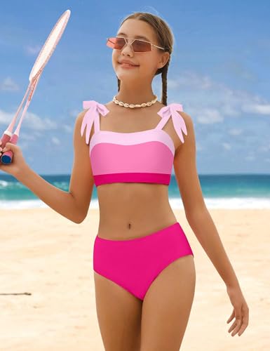 KANGKANG Girls Swimsuit Solid Color Block Adjustable Straps Teen Girl Bikini Set Kids Bathing Suits for Girls Size 7-163