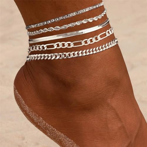 Image of DEARMAY 14K Gold Plated Ankle Bracelets for Women Waterproof - Dainty 6Pcs Anklets Layered Cuban Link Chain Herringbone Cute Anklets Set Pack Summer Beach Jewelry Gift for Women Teen