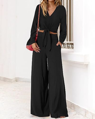 PRETTYGARDEN Women's 2 Piece Outfits 2026 Spring Fashion V Neck Long Sleeve Strappy Crop Top Wide Leg Pant Lounge Sets - image 3
