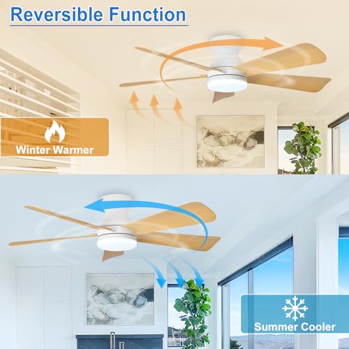 Image of Depuley 42-Inch Ceiling Fans with Lights: Indoor /Outdoor Flush Mount Ceiling Fan with Remote Control - Wood 5 Blade Low Profile Fandelier for Kitchen Gazebo - Reversible Quiet Timer - 2 Packs