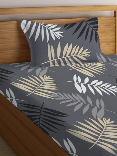 Image of LOOMLYFE 300 TC Cotton Feel Glace Elastic Fitted Printed Single Bed Bedsheet with 1 Pillow Cover Fits Upto 6 Inches Mattress,Size- 42X75X8 Inches, Grey Leaves