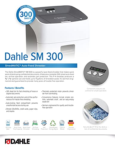 Dahle Shredmatic Sm 300 Auto-Feed Paper Shredder, 300 Sheet Locking Bin, Oil-Free, Jam Protection, Security Level P-4, 3-5 Users #TOP5