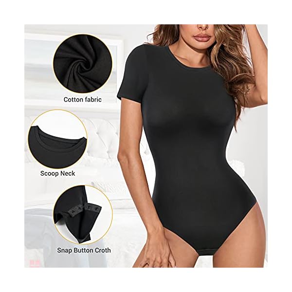 REYEOGO-Women-Shapewear-Bodysuit-Scoop-Neck-Tank-Top-Short-Sleeves-Jumpsuit-Slim-Fit-Bodycon-Clubwear-Basic-T-Shirts-Romper REYEOGO women bodycon Scoop Neck bodoysuit T-shirt shaperwear Short Sleeve Basic Bodysuits (Large, Black)