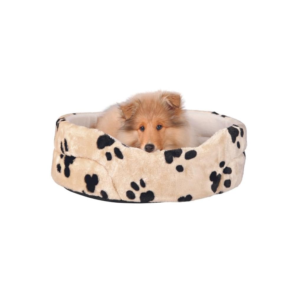 TRIXIE Hundebett Joey 70 × 62 cm in beige - flauschiger Hundeschlafplatz mit niedlichem Pfotenmotiv - Hundekorb für mittelgroße Hunde - rutschfest - 37005