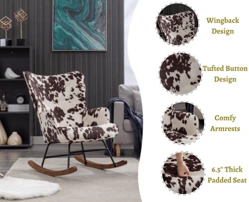 Ealson Nursery Rocking Chair Fabric Upholstered Rocker Chair Tufted Wingback Accent Chair With Wooden Base Modern Comfy Lounge Armchair For Bedroom Living Room, Cow #TOP2
