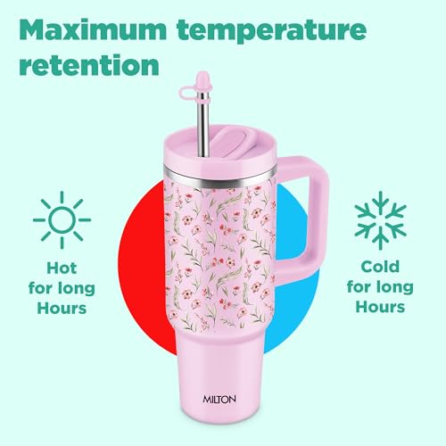 Image of MILTON Malmo 1200 Thermosteel Double Wall Vacuum Insulated Stainless Steel Tumbler with Handle 1100ml, Travel Mug with Straw,Silicon Cap,Cleaning Brush,Hot & Cold Beverage Flask,Floral Pink