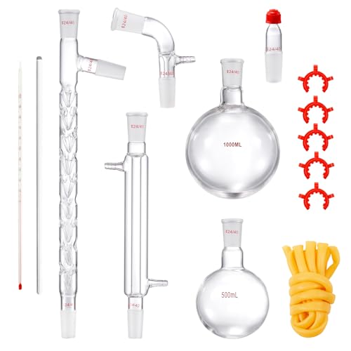 Happybuy 3.3 Boro Lab Distillation Kit, 1000ml Essential Oil Distillation Apparatus with 24/40 Joint, 14-Piece Glassware Set