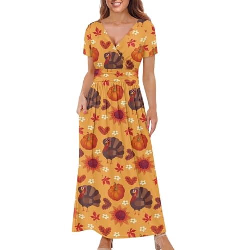Image of Women's Fall Summer Short Sleeve Ankle Length V-Neck Party Dress with Pockets Size S-3XL