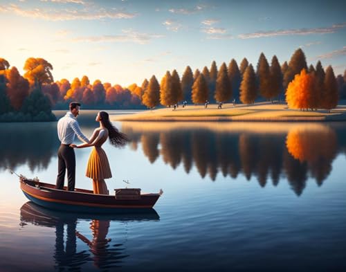 Tableau sur toile 58x90cm couples dansant lac bateau violon ciel