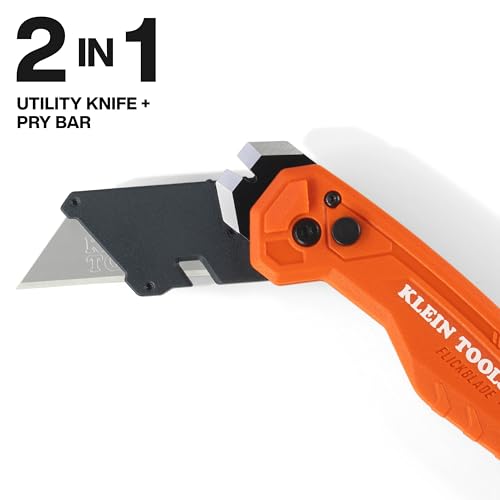 Image of Klein Tools 44309 Pry Bar Knife, 2-in-1 FLICKBLADE Utility Knife with Built-In Pry Bar, Dual Locking Positions at 135-Degree and 180-Degree, Full Metal Core