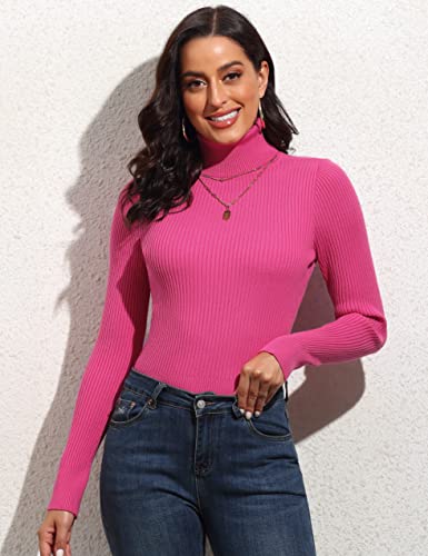 Image of PrettyGuide Women's Ribbed Turtleneck Long Sleeve Sweater Tops Hot Pink S