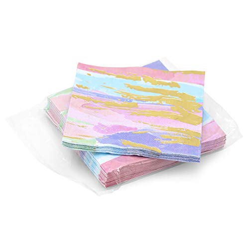 30 Pk, Gold Foil, Pink, Blue, Purple Watercolor Abstract, Cocktail 3-Ply Paper Party Napkins For Girls Night, Quinceanera, Or Bridal Showers #TOP6
