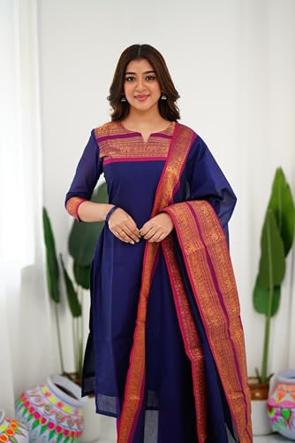 Image of TWINLIGHT Women's Kanchi Cotton Elephant Jaquard Work Kurta and Dupatta Set | V Neck 3 /4 Sleeves Straight Calf Length Kurti with Jaquard Border Work Dupatta | Kurti Set for Women