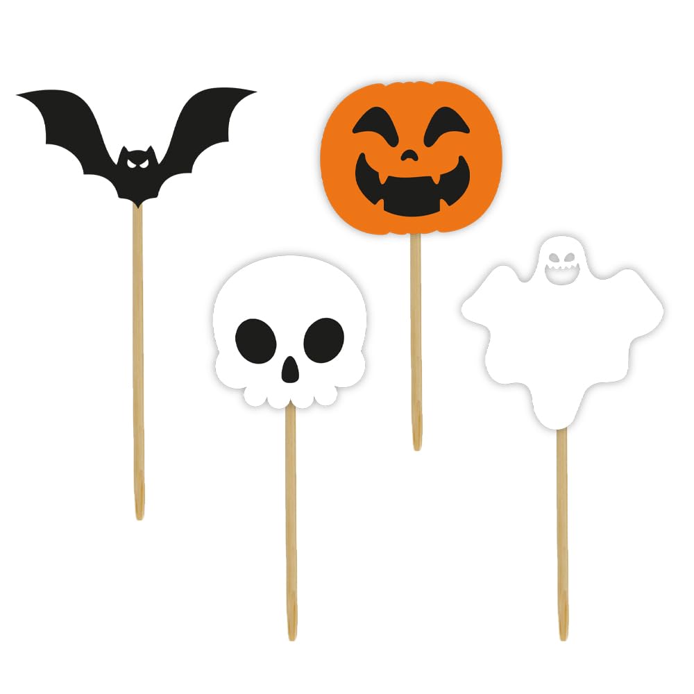 Anniversary House 12 pcs Halloween Cupcake Toppers, Halloween Cake Toppers, Cupcake Decorations, 2.5-4.5cm Spooky Party Decoration, Bamboo Pick, Bats, pumpkin, skull and ghost Toppers, J239