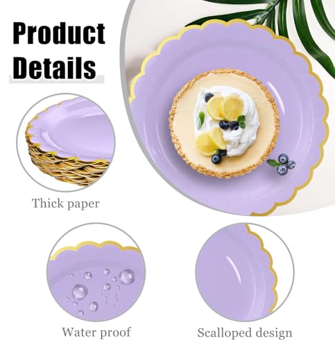 Image of HEIPINIUYE 50 Pieces Lavender Paper Plates with Gold Foil 7 Inch Disposable Light Purple Scalloped Dinner Plates for Wedding Baby Shower Birthday Party Dessert Plate