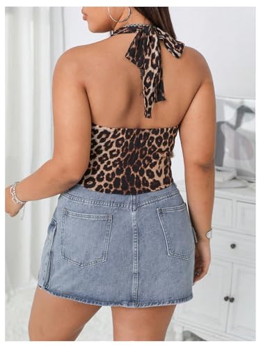 WDIRARA Women's Plus Size Leopard Print Halter Top V Neck Sleeveless Tie Backless Tank Cami Tops2