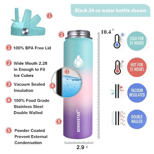 Image of SENDESTAR Stainless Steel Wide Mouth Water Bottle 24oz Double Wall Vacuum Insulated Leak Proof Bottle with New Flex Straw Lid & Spout Lid