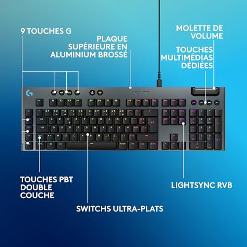 Logitech G G915 X Clavier gaming mécanique filaire ultra-plat, touches PBT double couche, touches entièrement programmables, éclairage RVB, switchs GL Brown Tactile, PC/Mac, Clavier FRA AZERTY - Noir