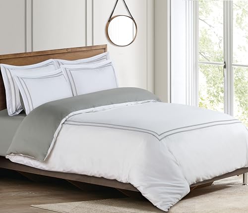 Majestic Giftware Madison Linen 8 Pcs Full Size Duvet Bedding Set (BL56-F) | Riviera - Gray 400 TC 100% Cotton Sateen | 2 Fitted Sheets, 2 Duvets, 4 Pillowcases - Noble Collection