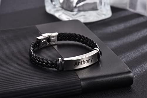 Personalised Mens Bracelet for Men Him Dad Boyfriend Husband, Leather Engraved Customised Name Bracelet Jewelry Gifts for Valentines Day, Birthday, Wedding, Anniversary, Father's Day, Christmas