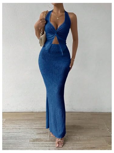 Image of SOLY HUX Women's Two Piece Outfits Twist Front Halter Cami Tops and Skirt Summer Set