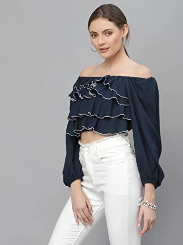 Image of Style Quotient Women Navy Blue Off-Shoulder Bardot Crop Top