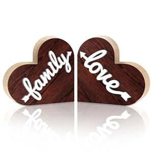 1 Pair Wooden Hearts Table Decor, Family Love 16 x 15 x 1.2 cm Wooden Sign for Desk, Rustic Brown Centerpiece Tabletop Decorations for Home, Wood Desk Sign for Gift