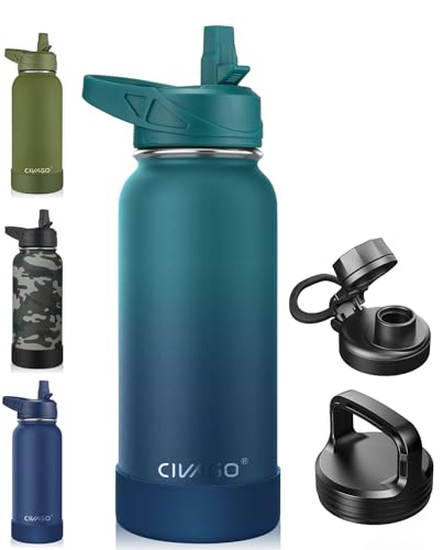 CIVAGO 32 oz Insulated Stainless Steel Water Bottle With Straw and 3 Lids