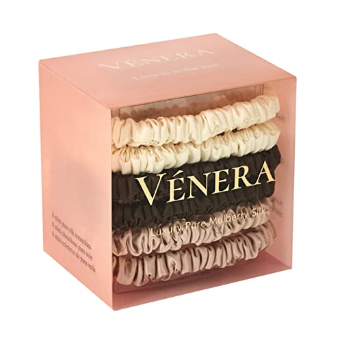 Vénera Silk 100% Pure 22 Momme Mulberry Mini Silk Scrunchies- 6 Pieces Silk Hair Ties for Anti-Crease & Breakage- Oeko-Tex Certified - Luxury Silk Scrunchies for Hair (Espresso-Cream-Caramel)