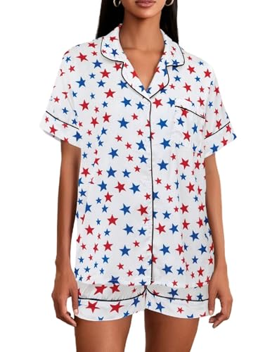Image of Argeousgor Women 4th Of July Pajama Sets American Flag Short Sleeve Shirt and Shorts 2 Piece Independence Day Pajamas Set