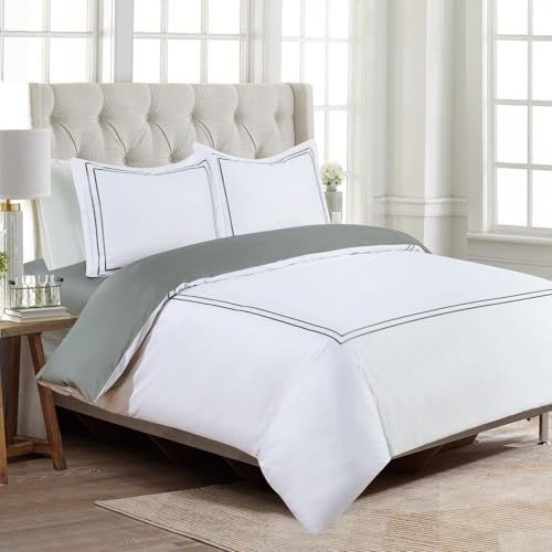 Majestic Giftware Madison Linen 4 Pcs 48" Full Size Duvet Bedding Set (BL50-48F-2-4pcs) Flora Hotel Collection-White-Gray Embroidery 400 TC Cotton Sateen |1 Fitted Sheet, 1 Duvet, 2 Pillowcase