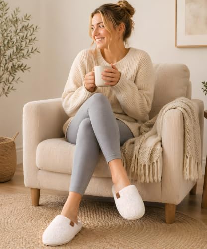 Evshine Women's Fuzzy Slip-on Slippers Comfy Lightweight Indoor House Scuff Slippers Closed Toe Soft Memory Foam Shoes Beige 275