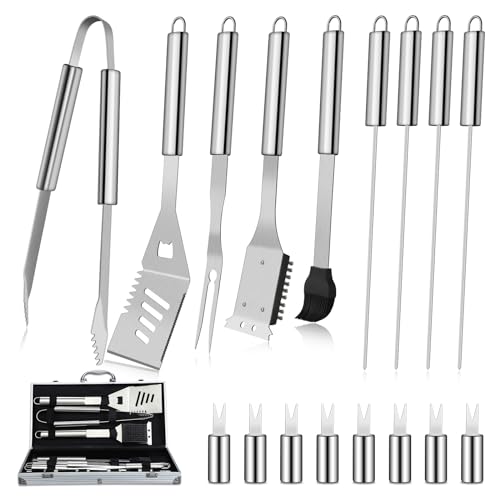 DRAGON RIOT Grillbesteck Set aus Edelstahl, 18 Stücke Grillset für Männer Geschenk, Premium Grillzubehör Set mit Spatel im Alukoffer, BBQ Grillbesteck Koffer Hochwertiger Grill Set für Garten, Camping