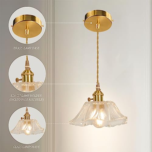 Shenmoyl 1-Light Pendant Light Glass Hanging Light,E26/E27 Drop Ceiling Light Fixture Lamp For Farmhouse Kitchen Island Bedroom 7.48 Inch Diam W/Retro Clear Flowers Lampshade Pattern Lampshade #TOP2