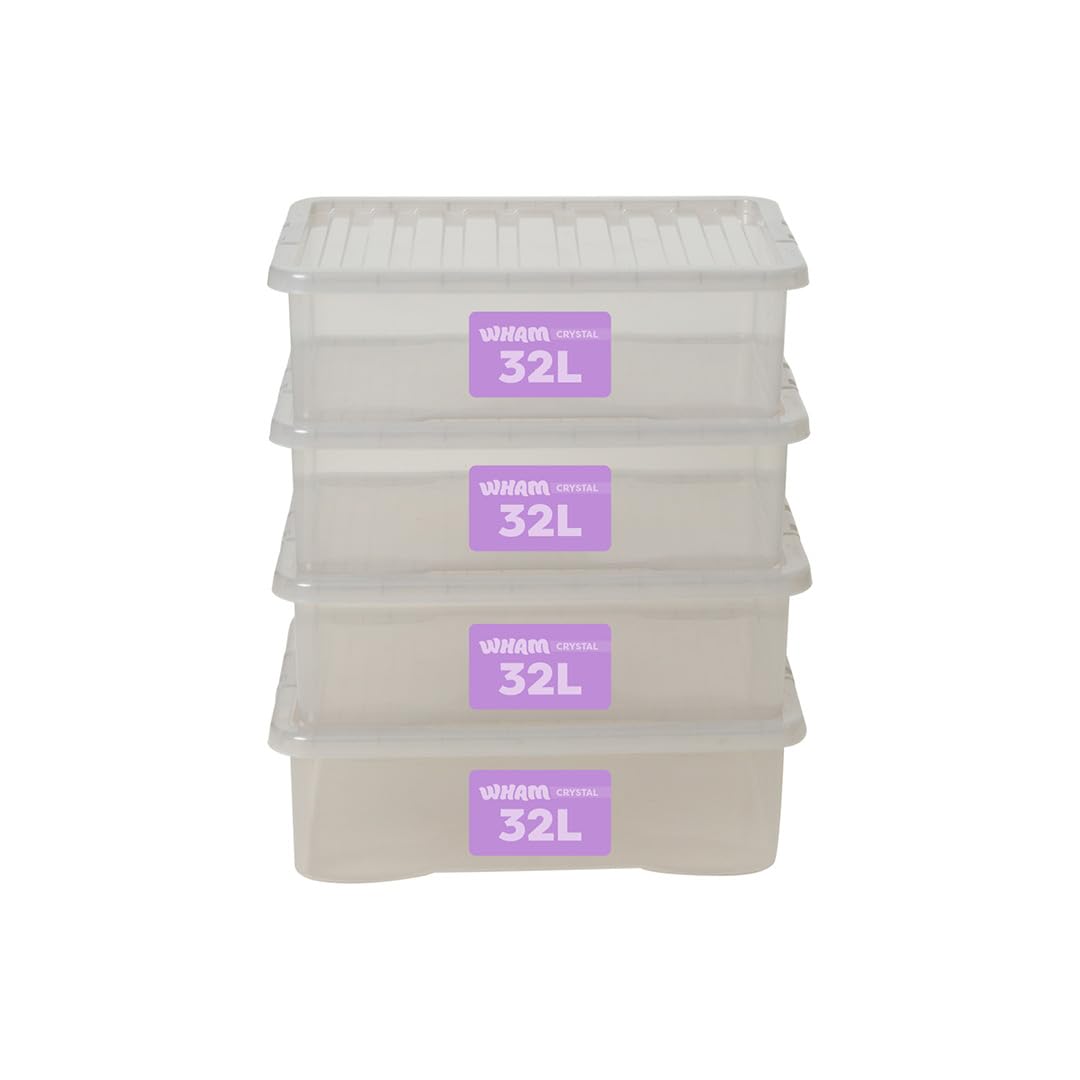 Wham Plastic Storage Boxes With Lids Home Office Stackable Nestable Container Box, 32L Easy fit Underbed Protective Storage Box, 60 x 40 x 18 cm - Tint Grey (Set of 4)