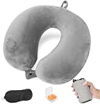 Cirorld Oreiller de voyage gonflable pour avions, Oreil de voyage compact avec masque à yeux et bouchons d'oreilles, oreillers de voyage de soutien de cou léger pour vol long, voyage sur route, gris