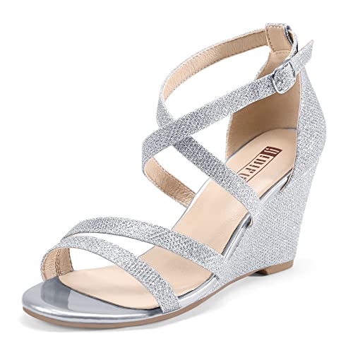 IDIFU Womens 3 Inch Strappy Wedge Sandals Open Toe Dressy Wedges for Women Black Nude Silver White Bridal Wedge Heels On Wedding Evening Summer(Silver Glitter 8 M US)