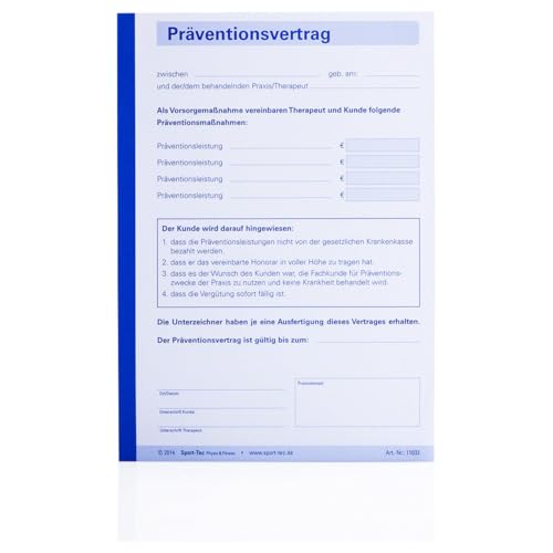 Sport-Tec Präventionsvertrag durchschreibend Vordruck Therapie 1 Block à 100 Sätze, DIN A5