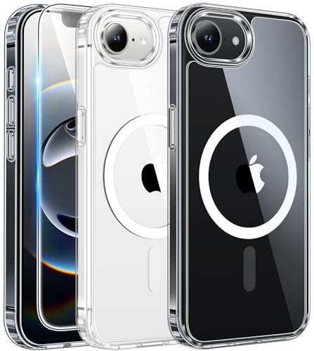 FNTCASE for iPhone 16e & iPhone 17e Case Clear: Magnetic Phone Cases with Screen Protector Compatible with Magsafe Anti Yellowing Shockproof Protective Transparent Cell Phone Cover (A-Clear)